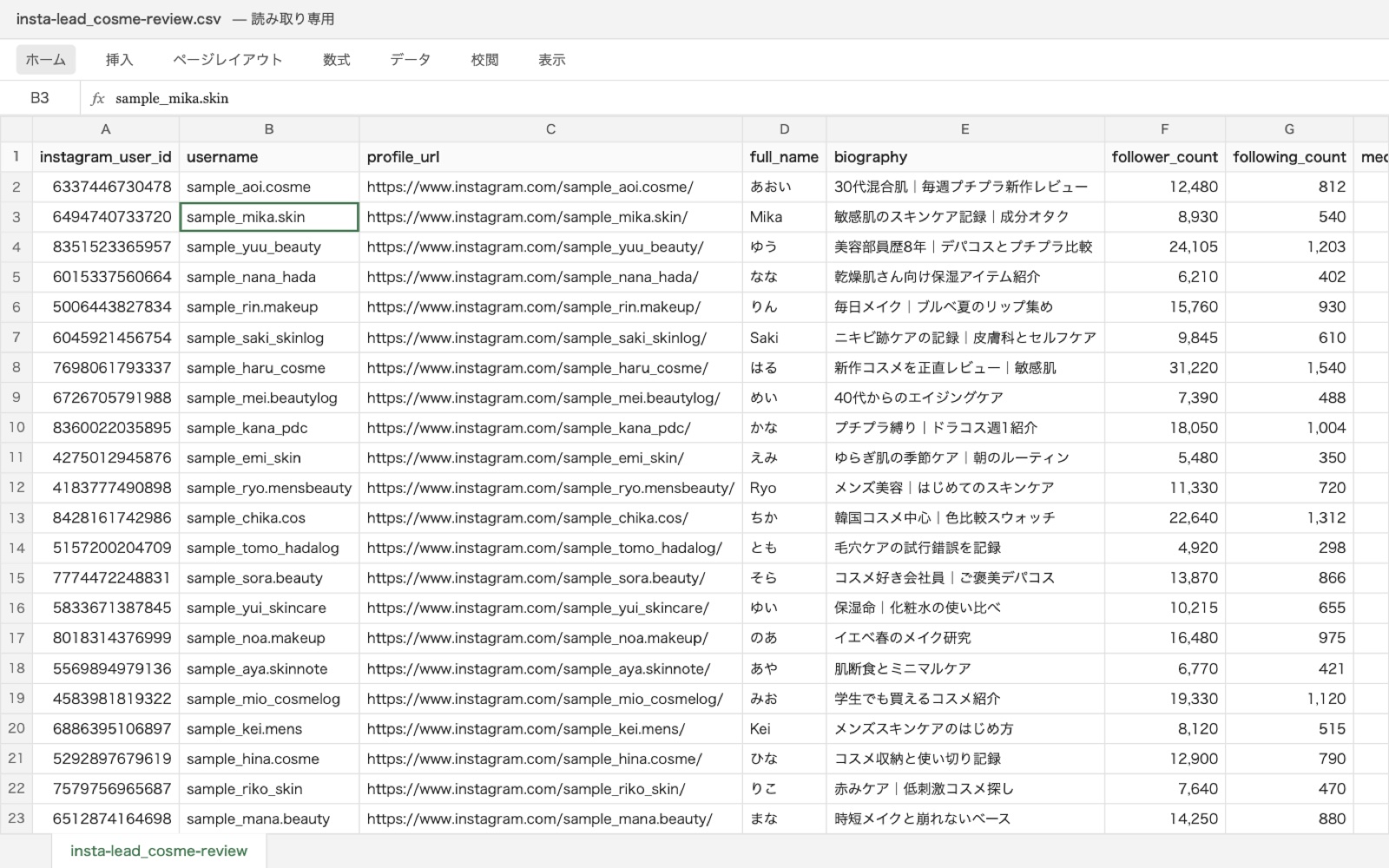 納品リストをExcelで開いたところ。ユーザー名、プロフィールURL、自己紹介、フォロワー数などが列に並ぶ