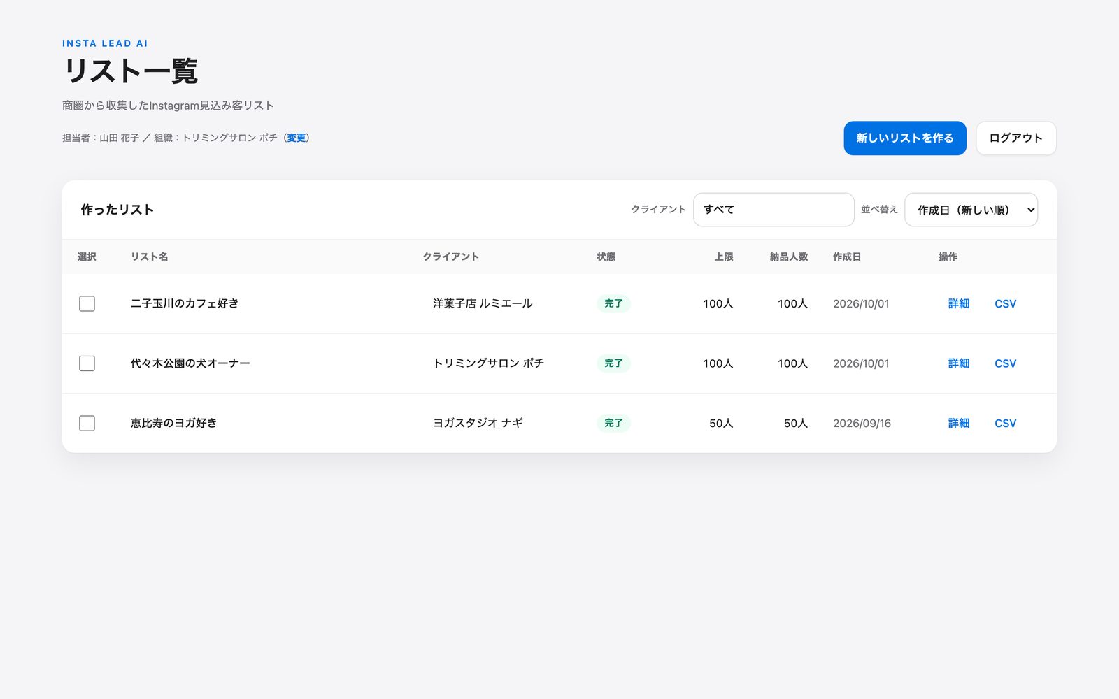 リスト一覧。クライアントの絞り込みと並べ替え