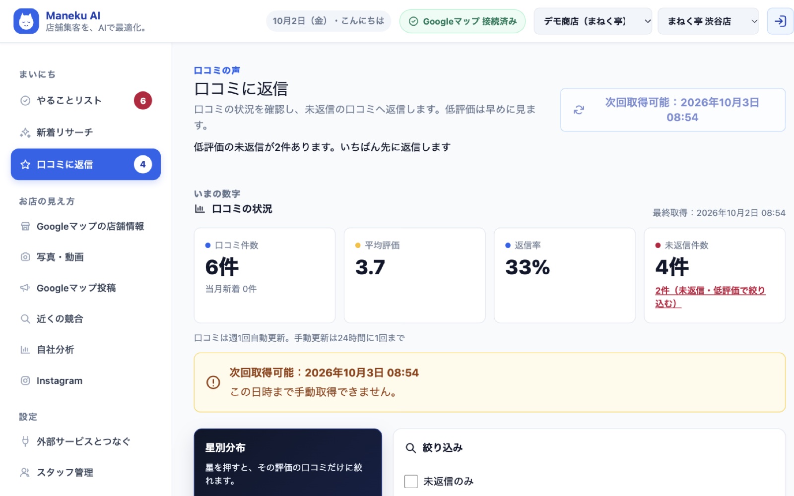 口コミの画面。口コミ件数、平均評価、返信率、未返信件数が並ぶ